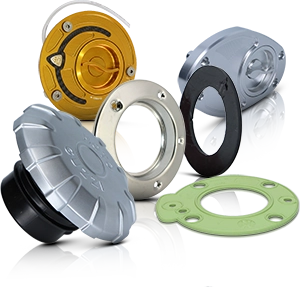 Différents bouchons de réservoir et joints pour motos, disponibles en argent, or, noir et vert.